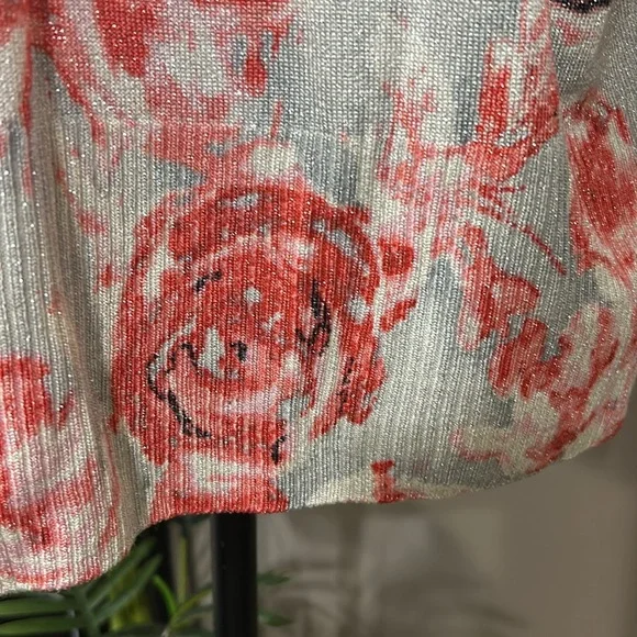 ST JOHN pink and silver rose print  button down cardigan wool lurex Women’s XL - Picture 8 of 14